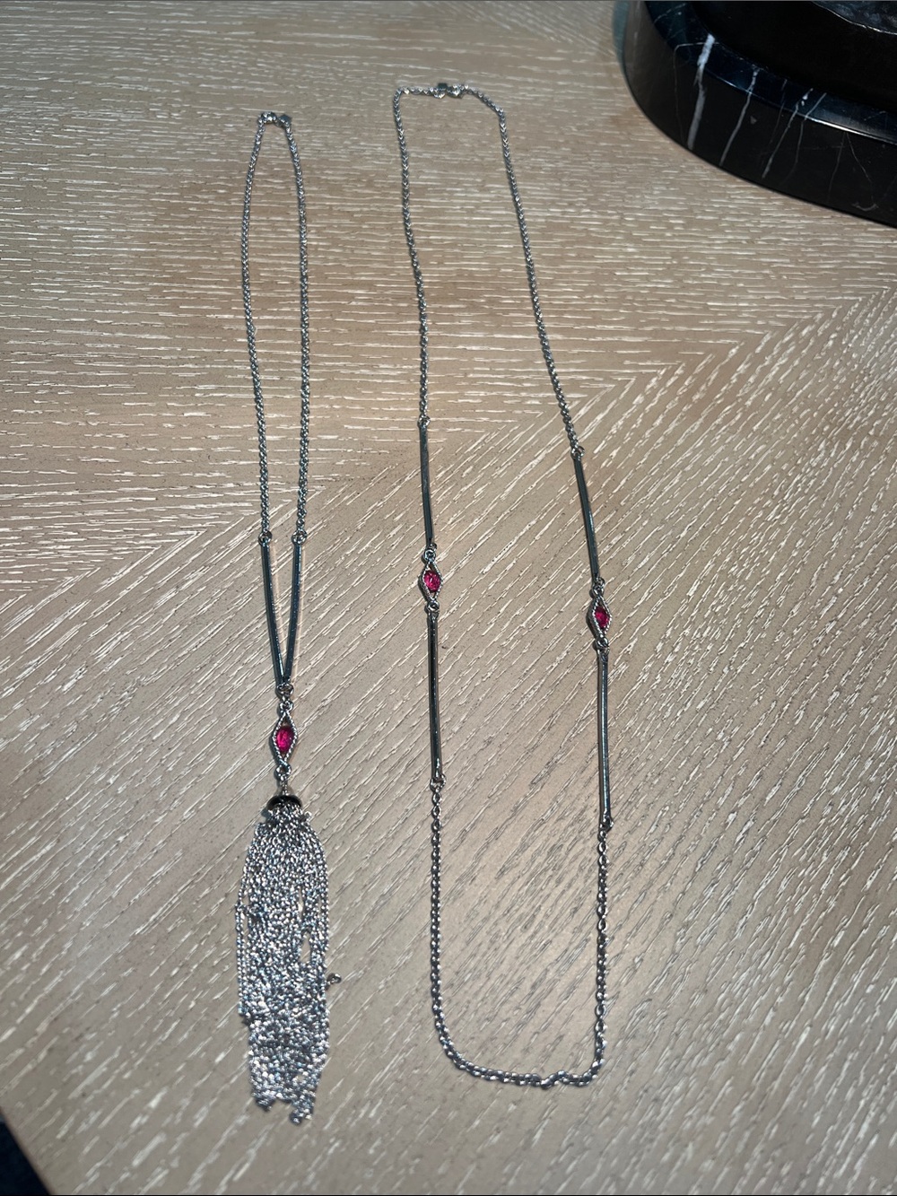 Vintage Sarah Coventry Silver-Tone Layered Necklace Set w/ pink Marquise Accents